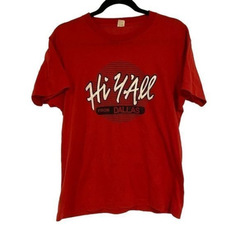 Vintage 1980's Hi Y'All From Dallas Single Stitch Red T-Shirt Size‎ L